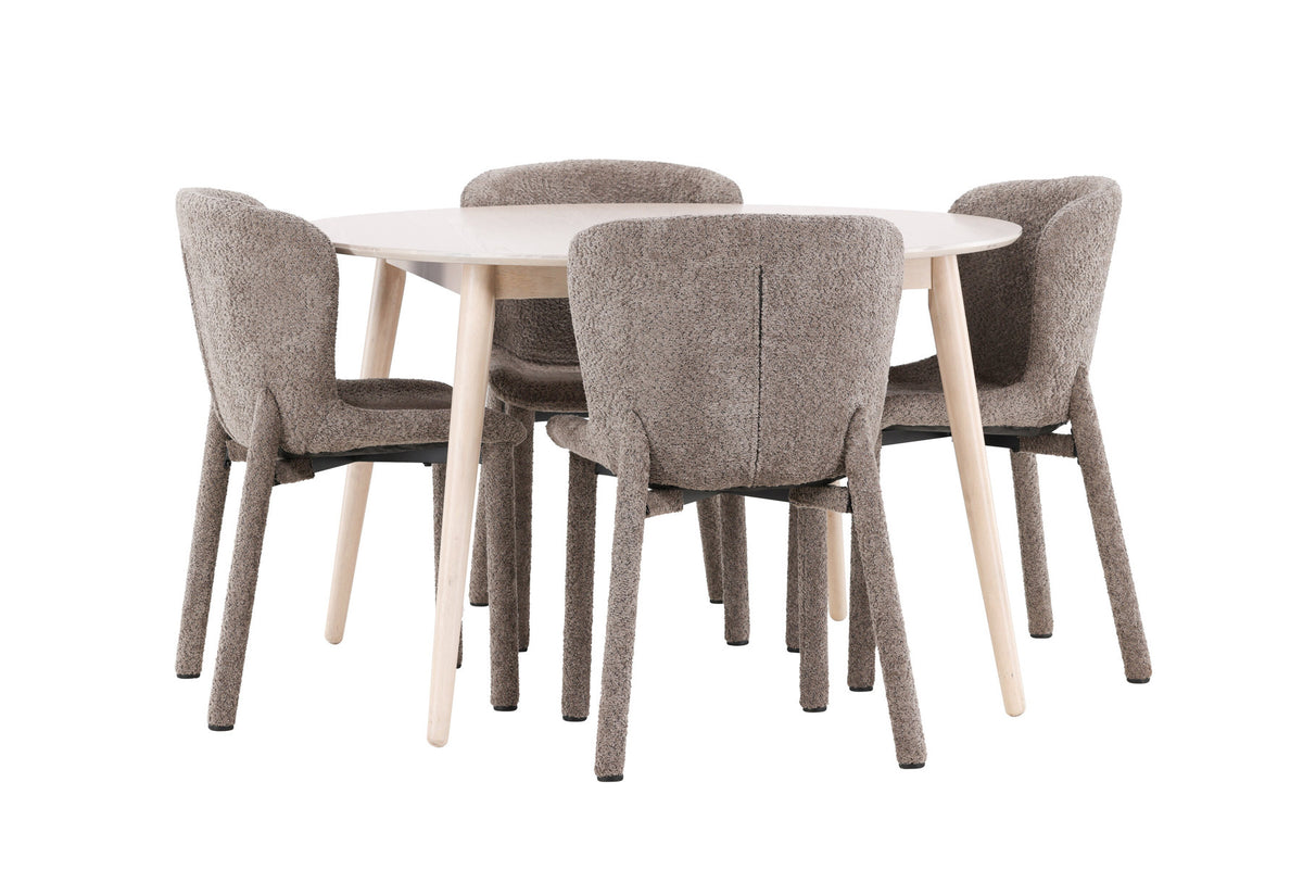 Rundes Esszimmerset Flora & Astoria von Venture Home: Esstisch ⌀120 cm in Whitewash aus MDF und Gummiholz mit zwei braunen gepolsterten Stühlen.