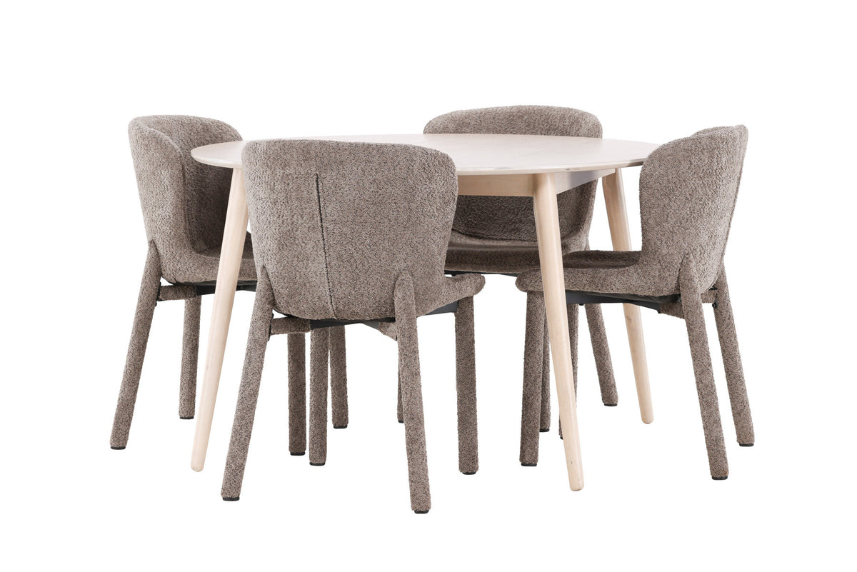 Rundes Esszimmerset Flora & Astoria von Venture Home: Esstisch ⌀120 cm in Whitewash aus MDF und Gummiholz mit zwei braunen gepolsterten Stühlen.