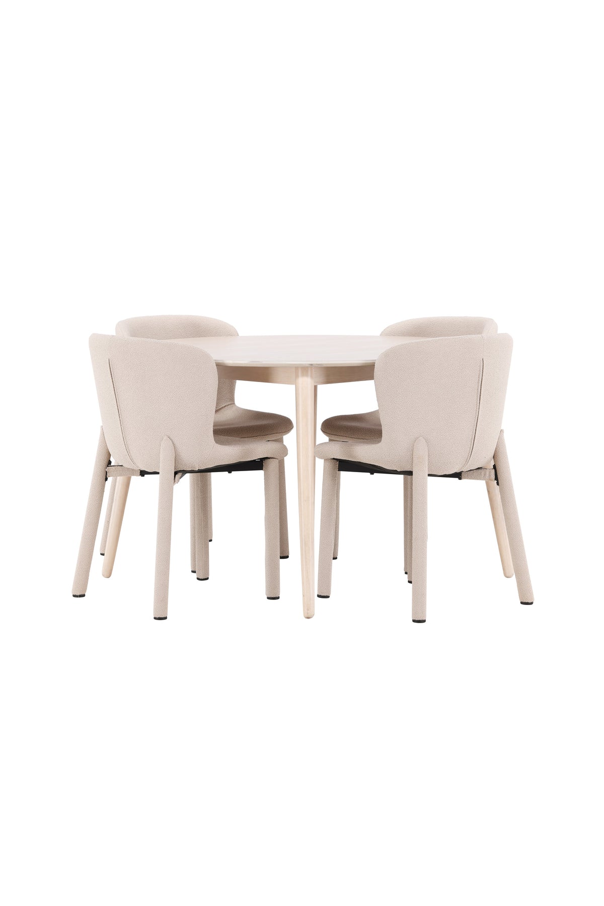 Esstisch Flora mit vier Astoria-Stühlen, Farbe White Wash, Tisch aus MDF, Stühle aus Gummiholz, skandinavisches Esszimmerset