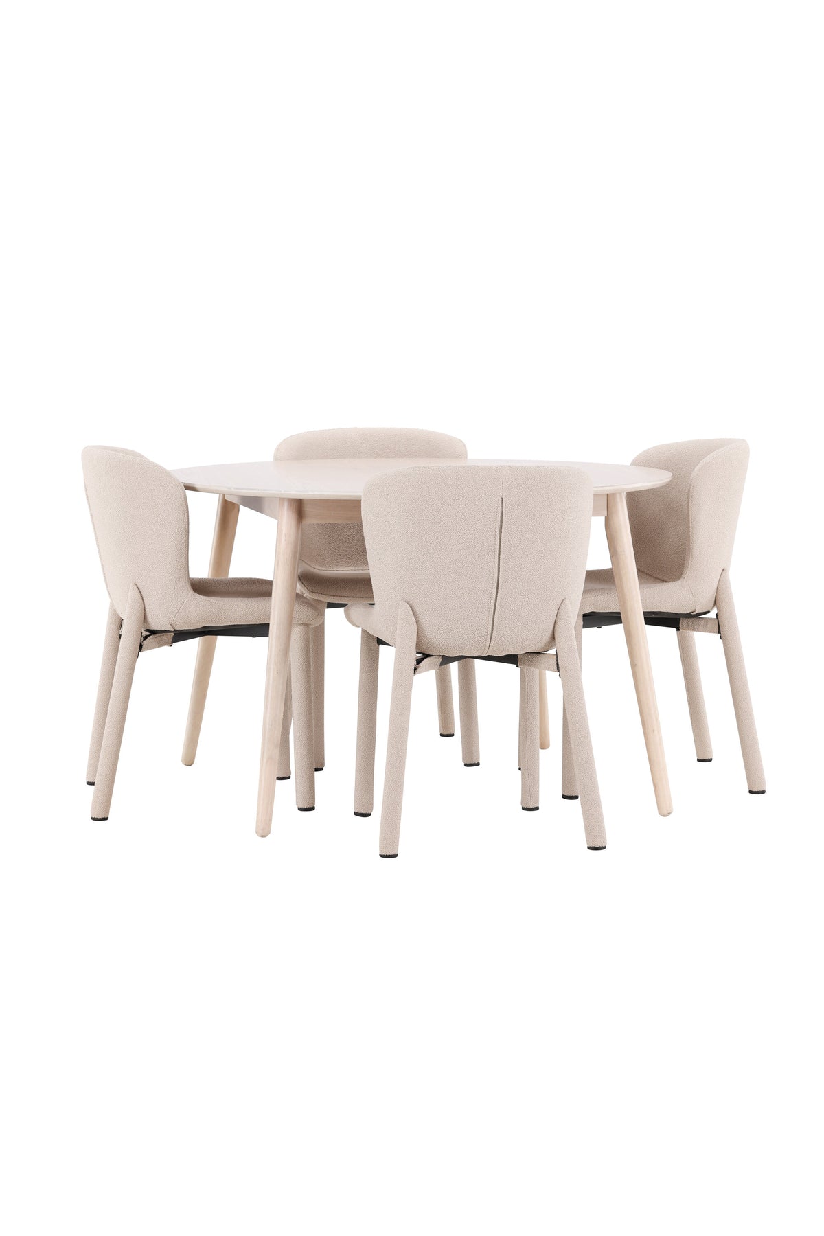 Esstisch Flora mit vier Astoria-Stühlen, Farbe White Wash, Tisch aus MDF, Stühle aus Gummiholz, skandinavisches Esszimmerset