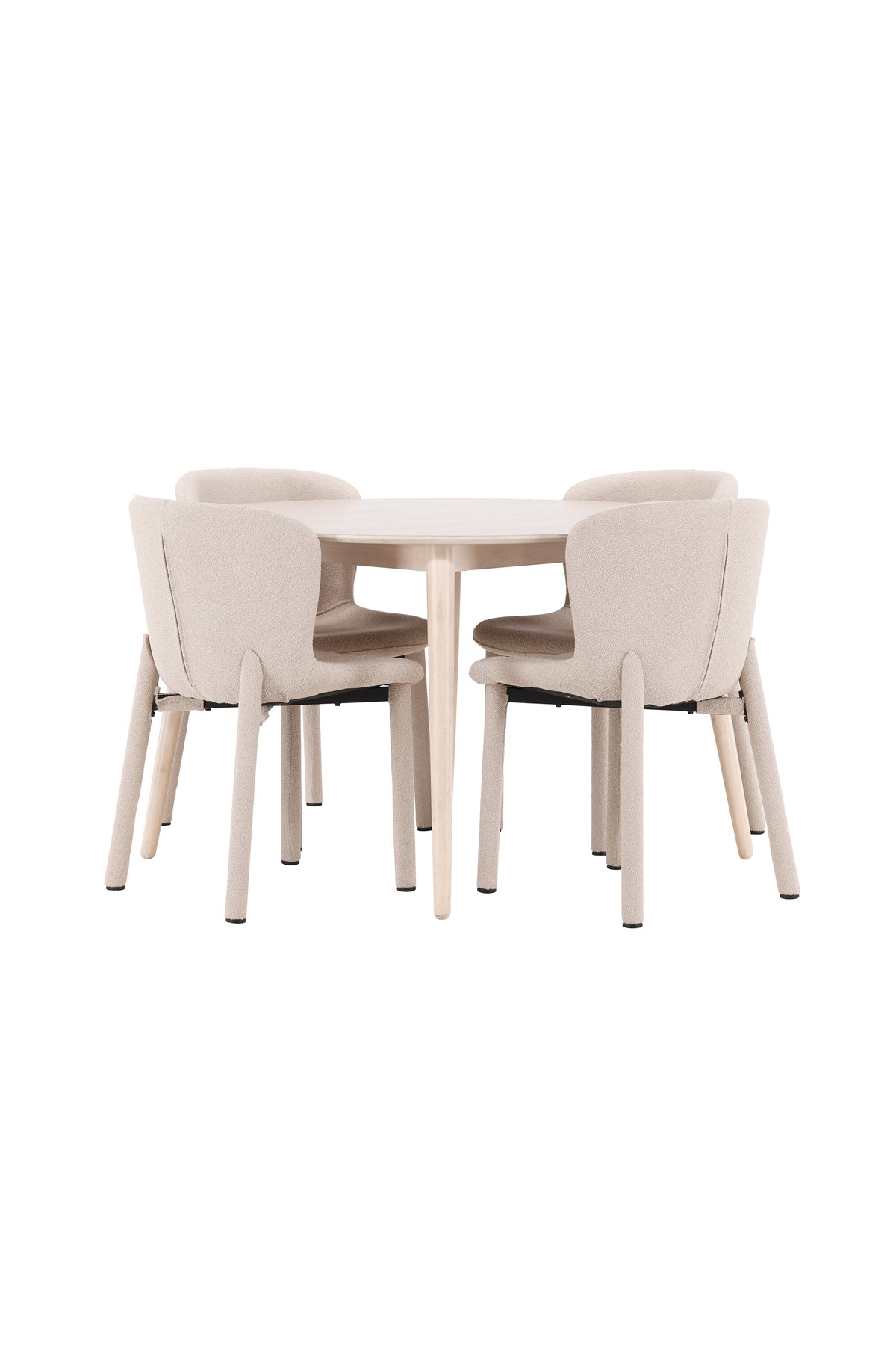 Esstisch Flora mit vier Astoria-Stühlen, Farbe White Wash, Tisch aus MDF, Stühle aus Gummiholz, skandinavisches Esszimmerset