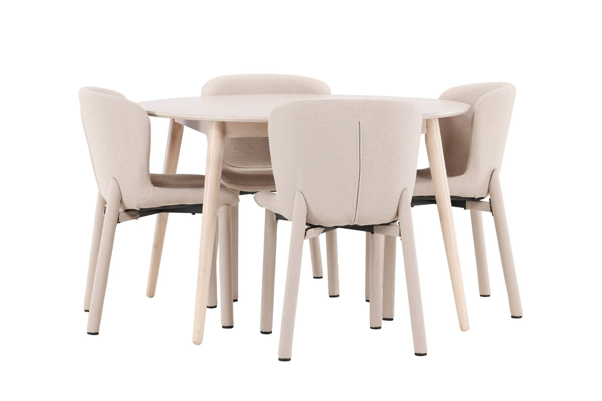 Esstisch Flora mit vier Astoria-Stühlen, Farbe White Wash, Tisch aus MDF, Stühle aus Gummiholz, skandinavisches Esszimmerset
