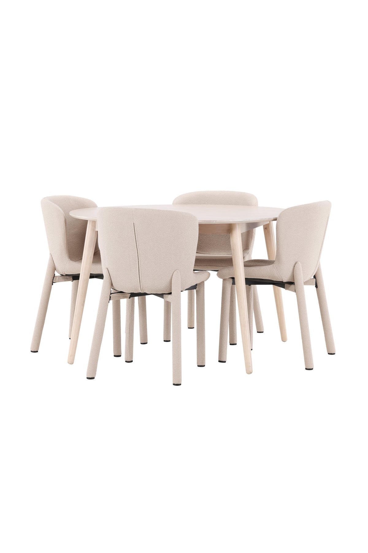 Esstisch Flora mit vier Astoria-Stühlen, Farbe White Wash, Tisch aus MDF, Stühle aus Gummiholz, skandinavisches Esszimmerset