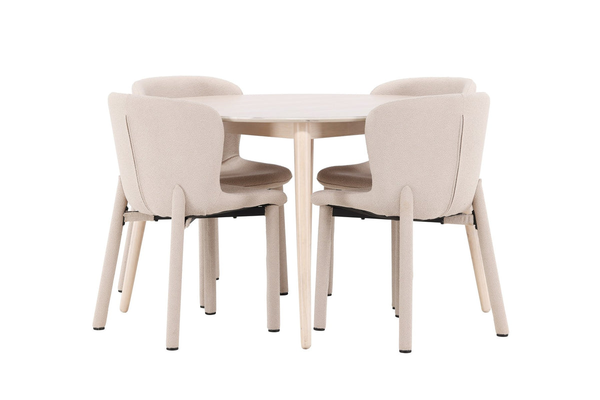 Esstisch Flora mit vier Astoria-Stühlen, Farbe White Wash, Tisch aus MDF, Stühle aus Gummiholz, skandinavisches Esszimmerset