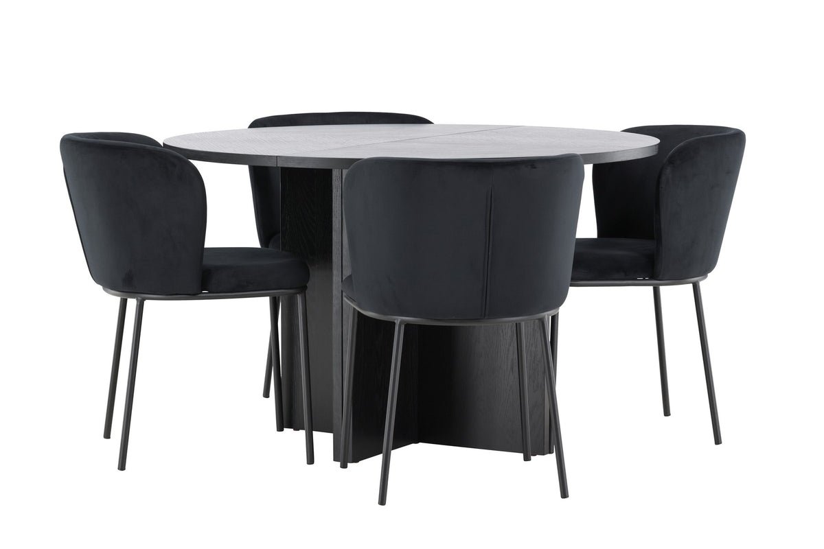 Schwarzer Esstisch Strada aus MDF mit sechs Edina Stühlen mit Samtbezug, ausziehbare Tischplatte, skandinavisches Design von Venture Home.