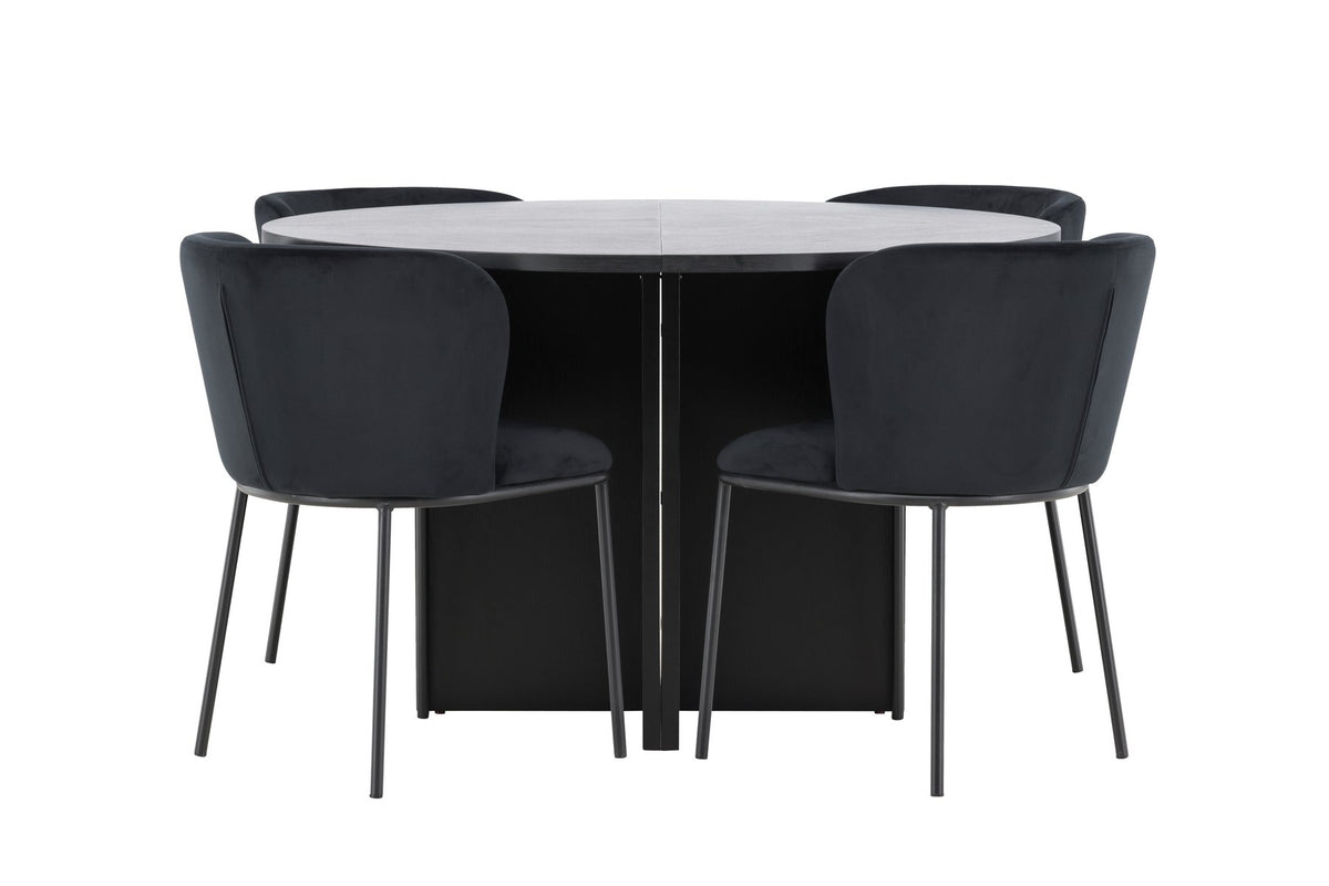Schwarzer Esstisch Strada aus MDF mit sechs Edina Stühlen mit Samtbezug, ausziehbare Tischplatte, skandinavisches Design von Venture Home.