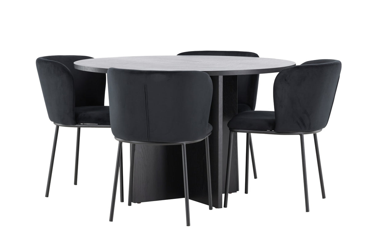 Schwarzer Esstisch Strada aus MDF mit sechs Edina Stühlen mit Samtbezug, ausziehbare Tischplatte, skandinavisches Design von Venture Home.