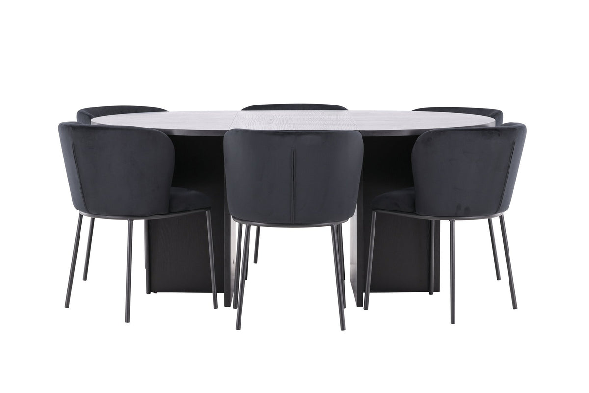 Schwarzer Esstisch Strada aus MDF mit sechs Edina Stühlen mit Samtbezug, ausziehbare Tischplatte, skandinavisches Design von Venture Home.