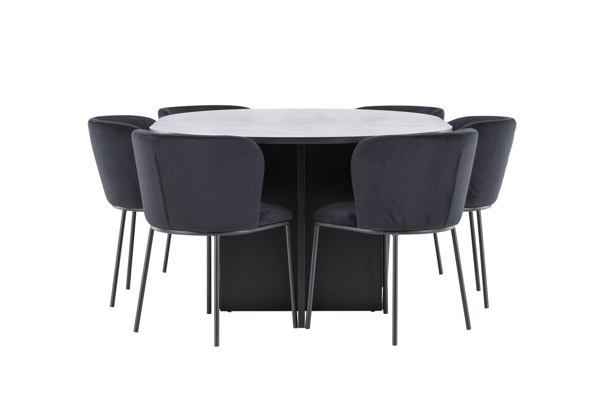 Schwarzer Esstisch Strada aus MDF mit sechs Edina Stühlen mit Samtbezug, ausziehbare Tischplatte, skandinavisches Design von Venture Home.