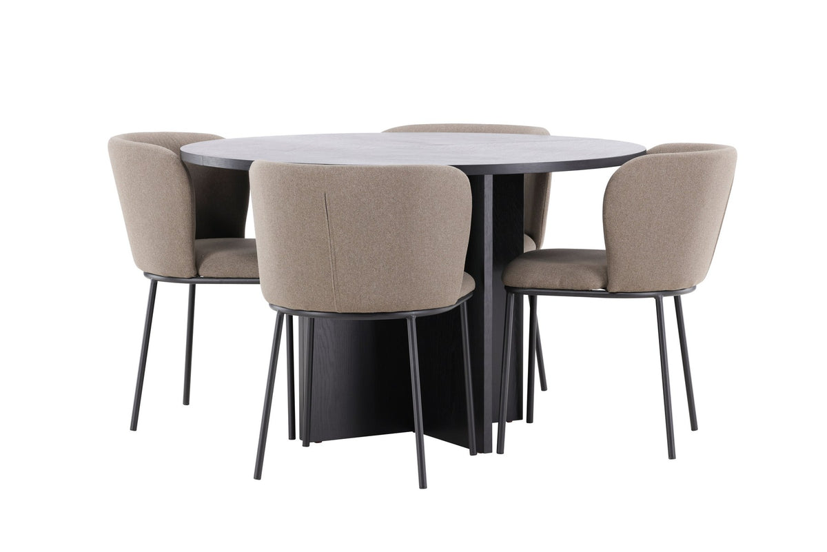 Schwarzer Esstisch Strada aus MDF mit sechs Edina Stühlen mit Samtbezug, ausziehbare Tischplatte, skandinavisches Design von Venture Home.