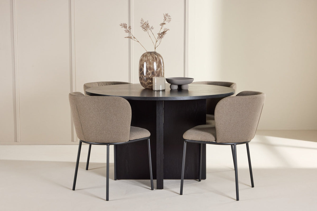 Schwarzer Esstisch Strada aus MDF mit sechs Edina Stühlen mit Samtbezug, ausziehbare Tischplatte, skandinavisches Design von Venture Home.