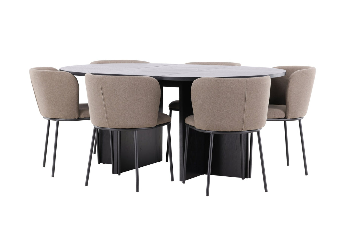 Schwarzer Esstisch Strada aus MDF mit sechs Edina Stühlen mit Samtbezug, ausziehbare Tischplatte, skandinavisches Design von Venture Home.