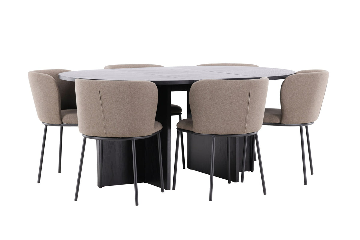 Schwarzer Esstisch Strada aus MDF mit sechs Edina Stühlen mit Samtbezug, ausziehbare Tischplatte, skandinavisches Design von Venture Home.