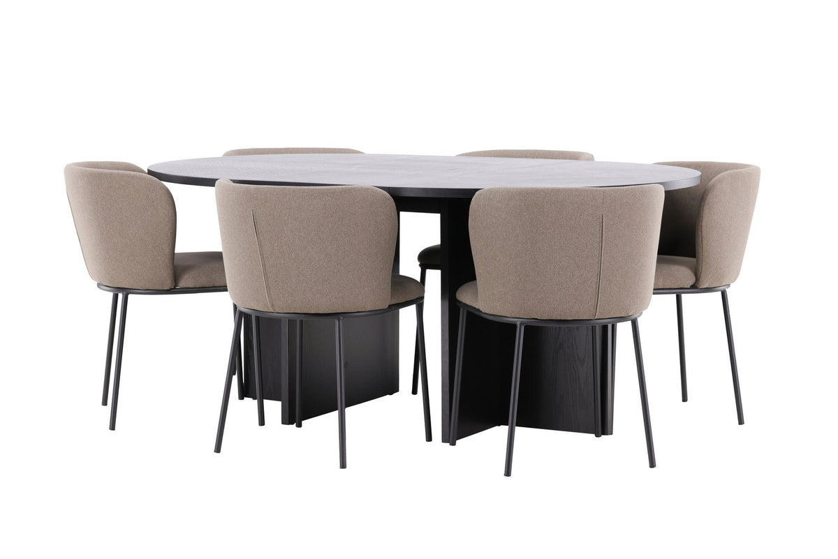 Schwarzer Esstisch Strada aus MDF mit sechs Edina Stühlen mit Samtbezug, ausziehbare Tischplatte, skandinavisches Design von Venture Home.