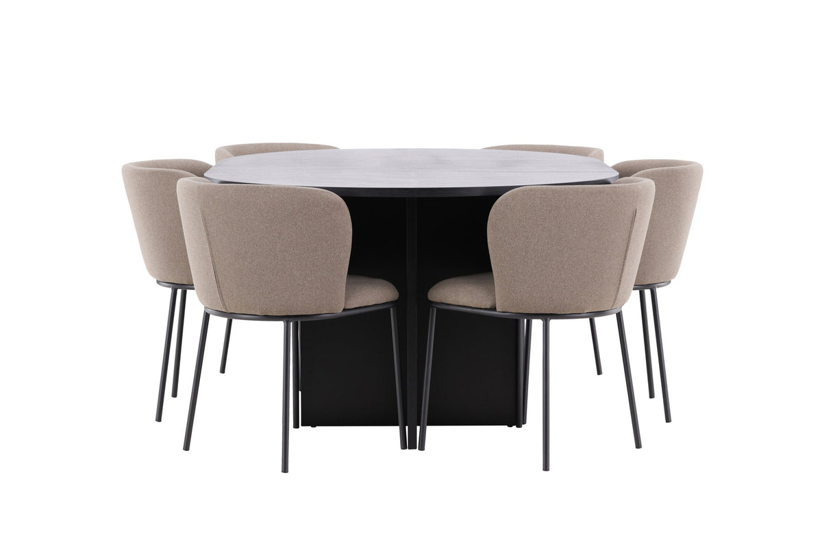 Schwarzer Esstisch Strada aus MDF mit sechs Edina Stühlen mit Samtbezug, ausziehbare Tischplatte, skandinavisches Design von Venture Home.