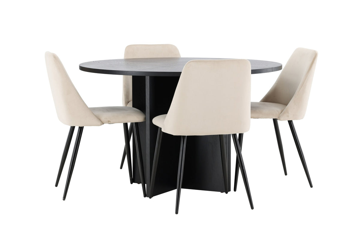 Runder Esstisch Strada aus MDF mit sechs Night-Stühlen mit Samtpolsterung und schwarzen Beinen, Esszimmerset von Venture Home