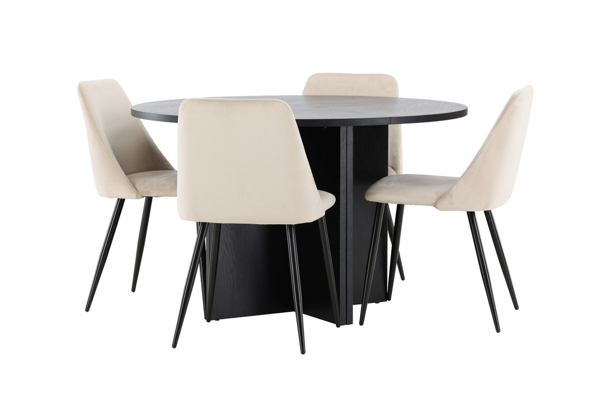 Runder Esstisch Strada aus MDF mit sechs Night-Stühlen mit Samtpolsterung und schwarzen Beinen, Esszimmerset von Venture Home