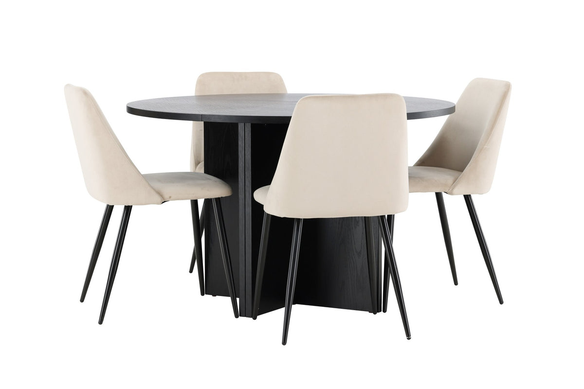 Runder Esstisch Strada aus MDF mit sechs Night-Stühlen mit Samtpolsterung und schwarzen Beinen, Esszimmerset von Venture Home