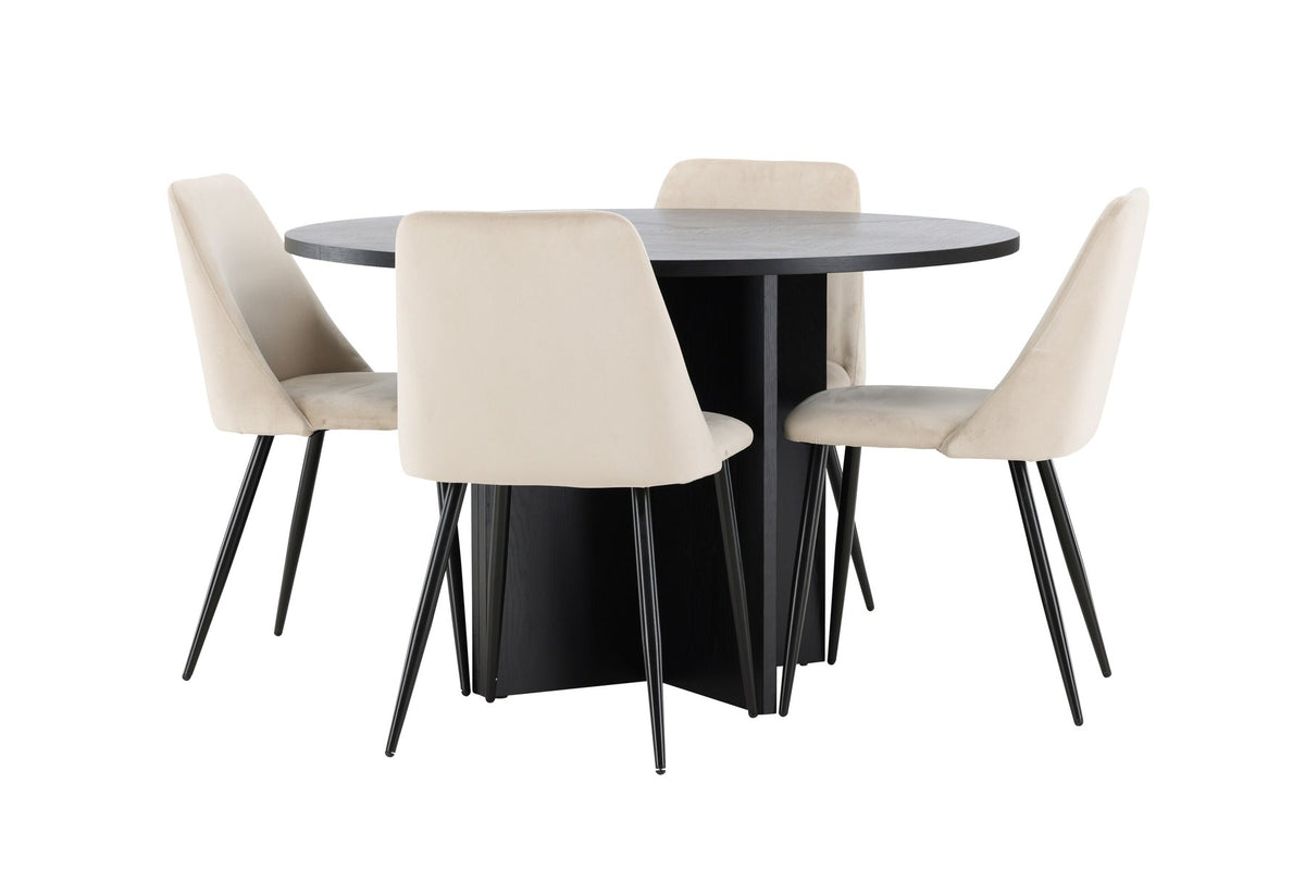 Runder Esstisch Strada aus MDF mit sechs Night-Stühlen mit Samtpolsterung und schwarzen Beinen, Esszimmerset von Venture Home