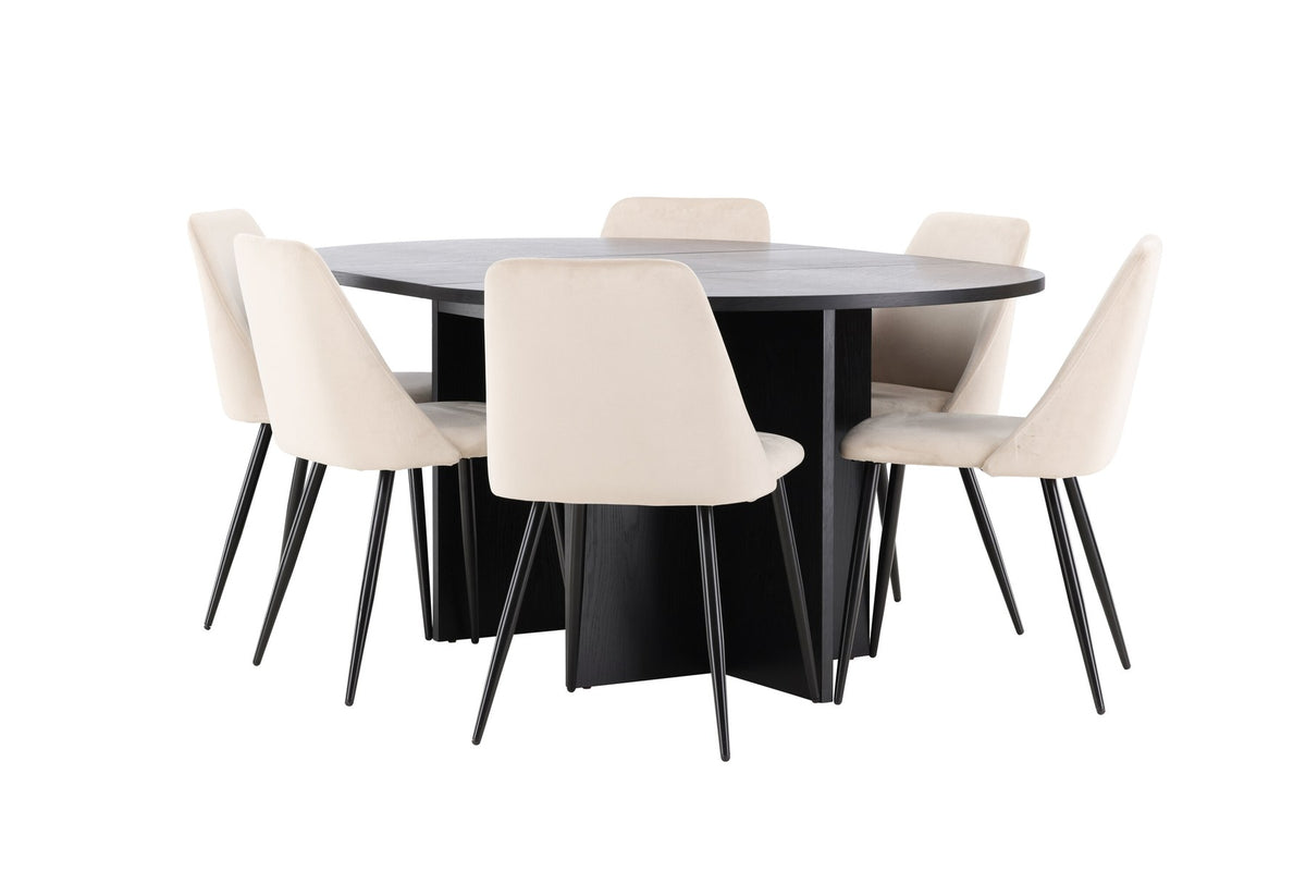 Runder Esstisch Strada aus MDF mit sechs Night-Stühlen mit Samtpolsterung und schwarzen Beinen, Esszimmerset von Venture Home