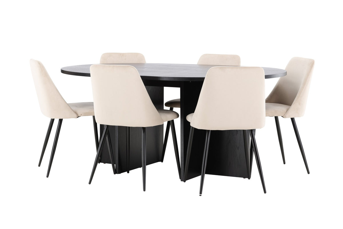 Runder Esstisch Strada aus MDF mit sechs Night-Stühlen mit Samtpolsterung und schwarzen Beinen, Esszimmerset von Venture Home