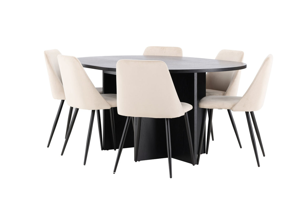 Runder Esstisch Strada aus MDF mit sechs Night-Stühlen mit Samtpolsterung und schwarzen Beinen, Esszimmerset von Venture Home