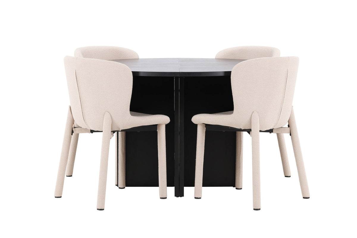 Rundes Esstischset Strada mit sechs Astoria-Stühlen aus MDF und Bouclé-Bezug, Ausführung Schwarz oder White Wash, sechs Sitzplätze