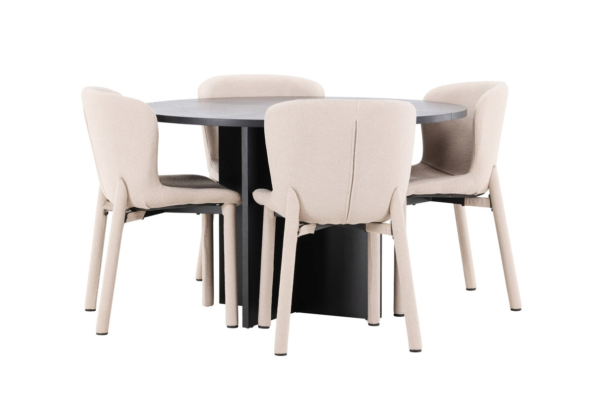 Rundes Esstischset Strada mit sechs Astoria-Stühlen aus MDF und Bouclé-Bezug, Ausführung Schwarz oder White Wash, sechs Sitzplätze