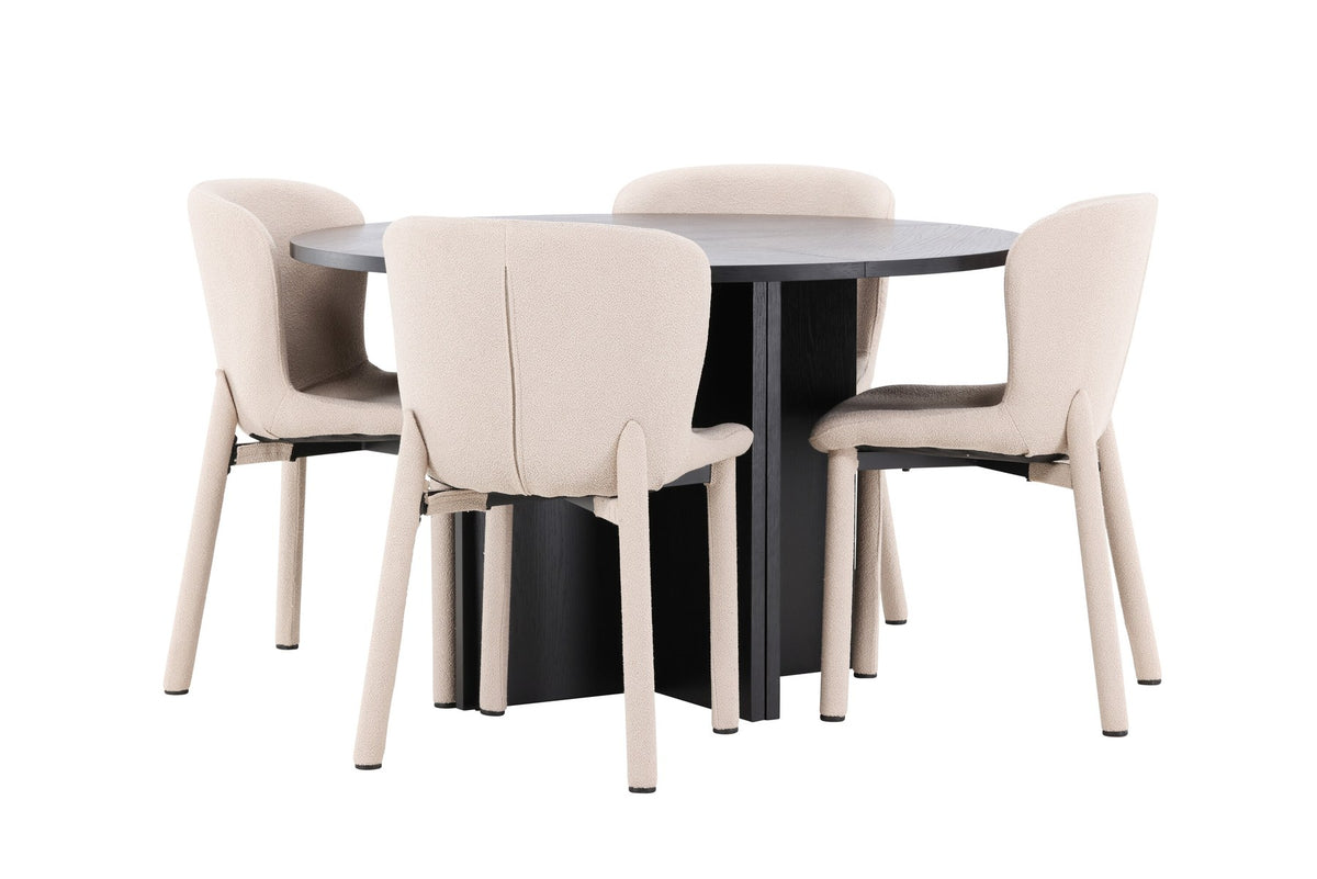 Rundes Esstischset Strada mit sechs Astoria-Stühlen aus MDF und Bouclé-Bezug, Ausführung Schwarz oder White Wash, sechs Sitzplätze