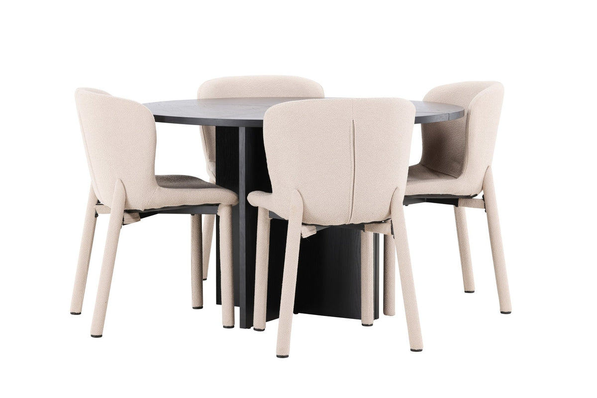 Rundes Esstischset Strada mit sechs Astoria-Stühlen aus MDF und Bouclé-Bezug, Ausführung Schwarz oder White Wash, sechs Sitzplätze