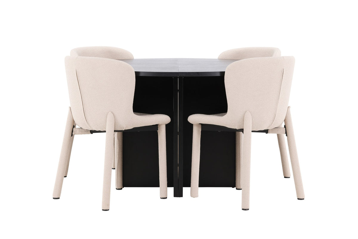 Rundes Esstischset Strada mit sechs Astoria-Stühlen aus MDF und Bouclé-Bezug, Ausführung Schwarz oder White Wash, sechs Sitzplätze