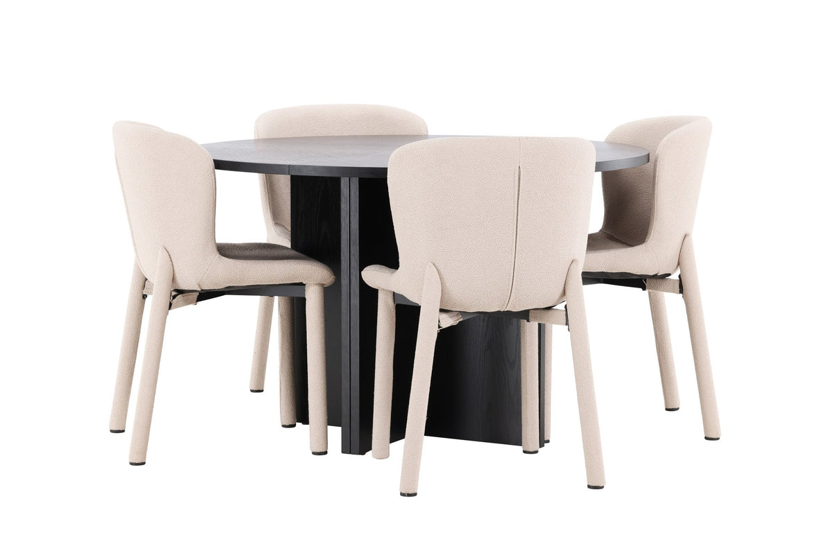 Rundes Esstischset Strada mit sechs Astoria-Stühlen aus MDF und Bouclé-Bezug, Ausführung Schwarz oder White Wash, sechs Sitzplätze