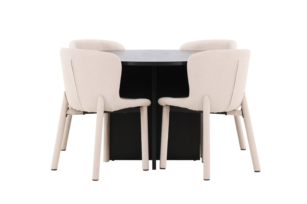 Rundes Esstischset Strada mit sechs Astoria-Stühlen aus MDF und Bouclé-Bezug, Ausführung Schwarz oder White Wash, sechs Sitzplätze