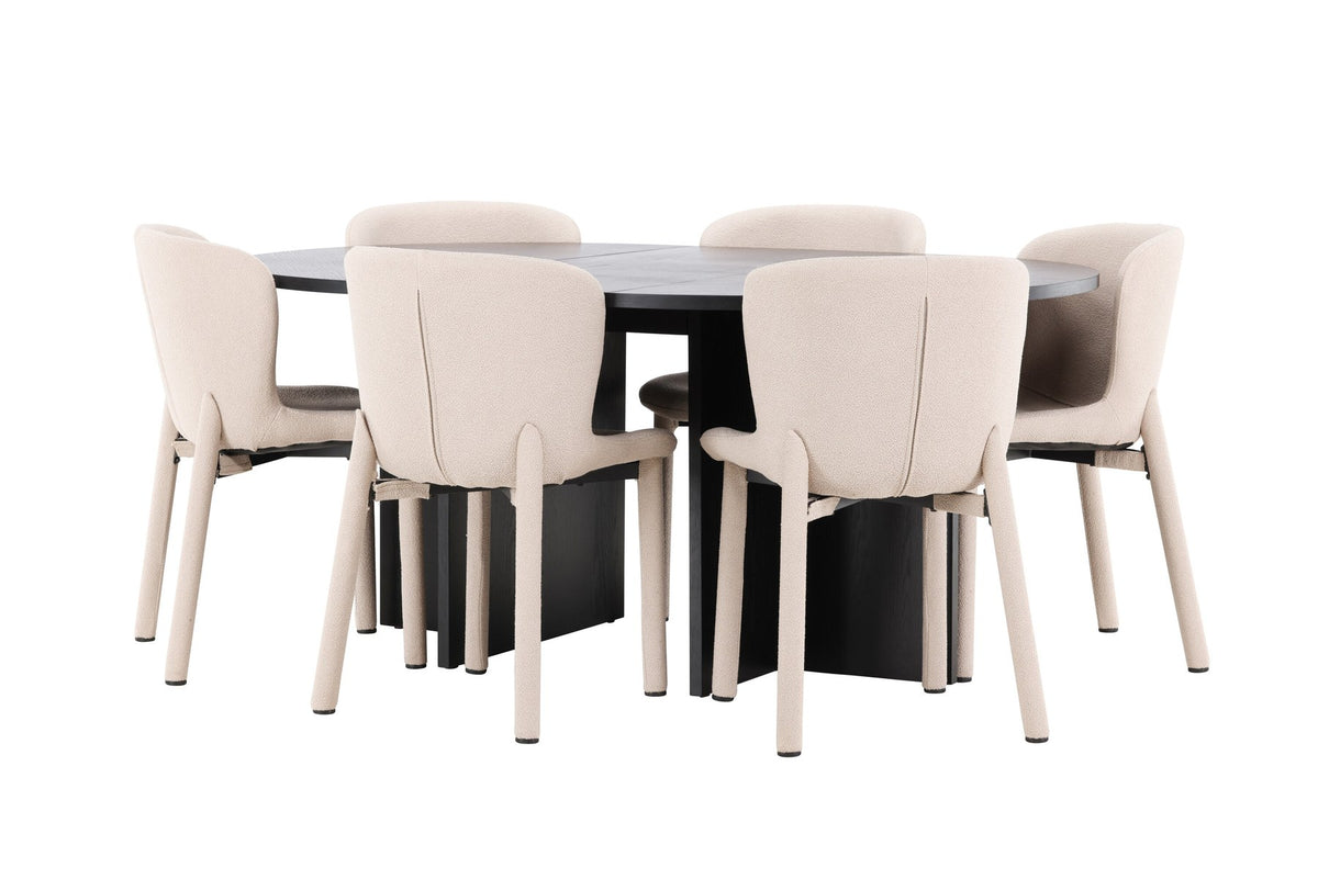 Rundes Esstischset Strada mit sechs Astoria-Stühlen aus MDF und Bouclé-Bezug, Ausführung Schwarz oder White Wash, sechs Sitzplätze