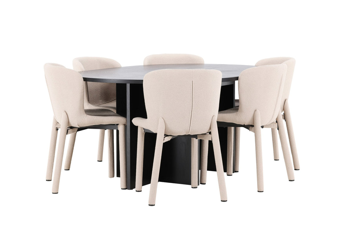 Rundes Esstischset Strada mit sechs Astoria-Stühlen aus MDF und Bouclé-Bezug, Ausführung Schwarz oder White Wash, sechs Sitzplätze