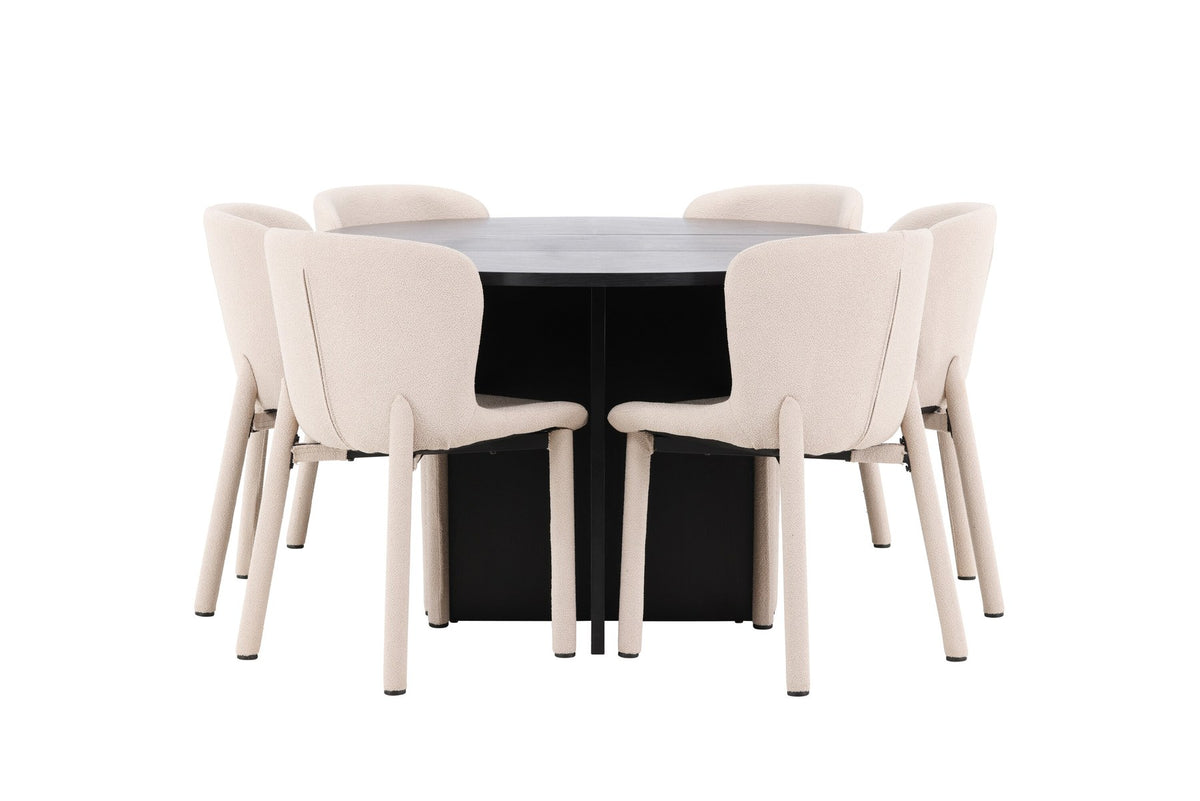 Rundes Esstischset Strada mit sechs Astoria-Stühlen aus MDF und Bouclé-Bezug, Ausführung Schwarz oder White Wash, sechs Sitzplätze