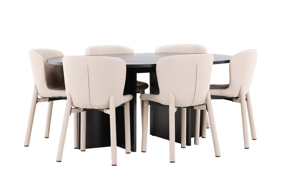 Rundes Esstischset Strada mit sechs Astoria-Stühlen aus MDF und Bouclé-Bezug, Ausführung Schwarz oder White Wash, sechs Sitzplätze
