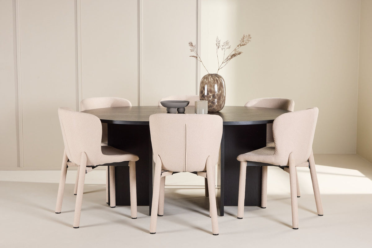 Rundes Esstischset Strada mit sechs Astoria-Stühlen aus MDF und Bouclé-Bezug, Ausführung Schwarz oder White Wash, sechs Sitzplätze