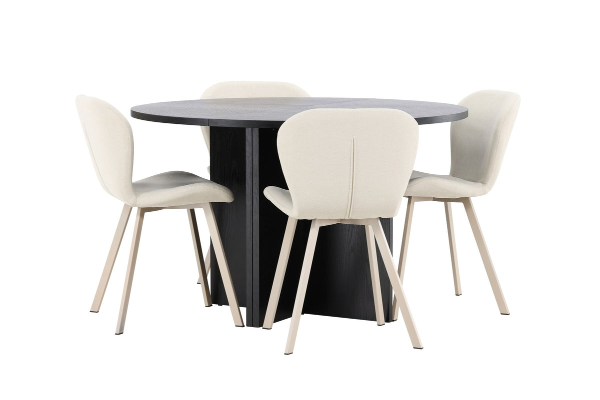 Runder Esstisch Strada aus MDF in White Wash mit sechs Lilja Stühlen, Esszimmerset von Venture Home in schlichtem Design