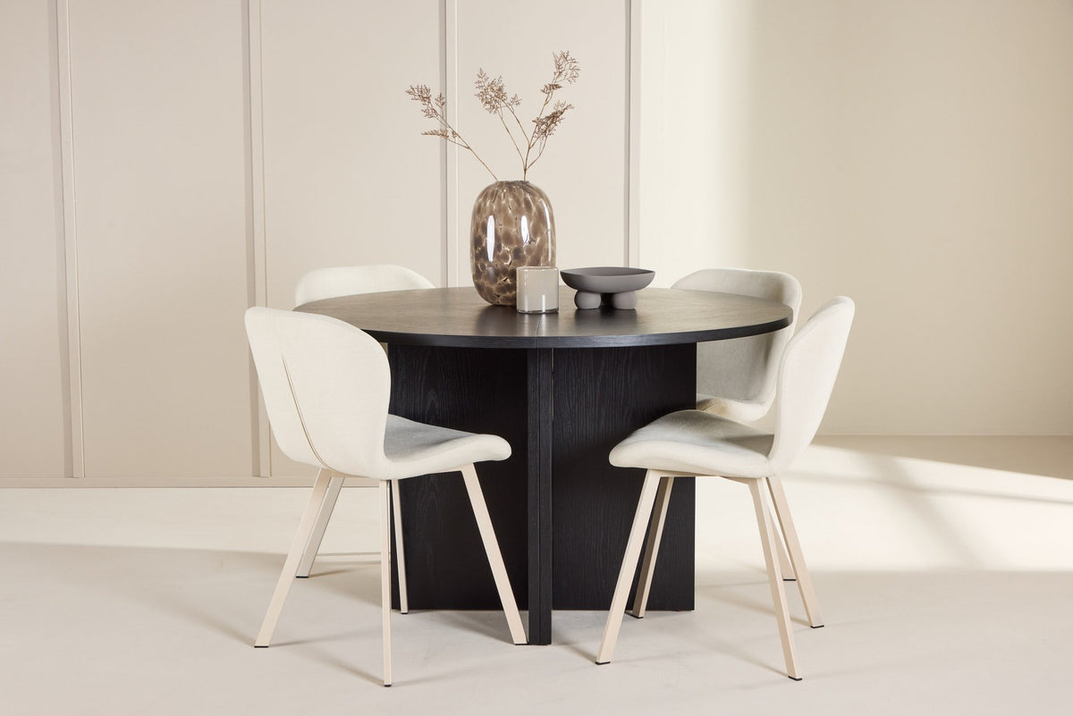 Runder Esstisch Strada aus MDF in White Wash mit sechs Lilja Stühlen, Esszimmerset von Venture Home in schlichtem Design