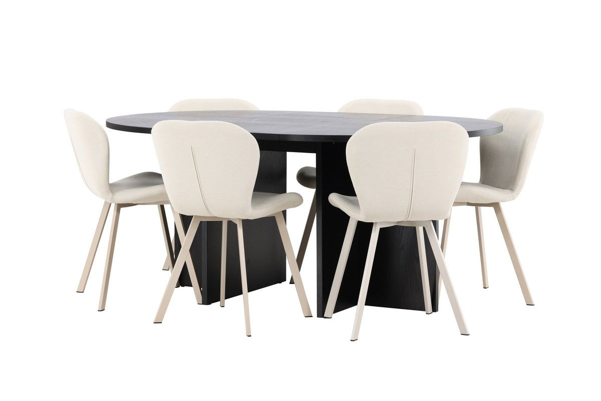 Runder Esstisch Strada aus MDF in White Wash mit sechs Lilja Stühlen, Esszimmerset von Venture Home in schlichtem Design