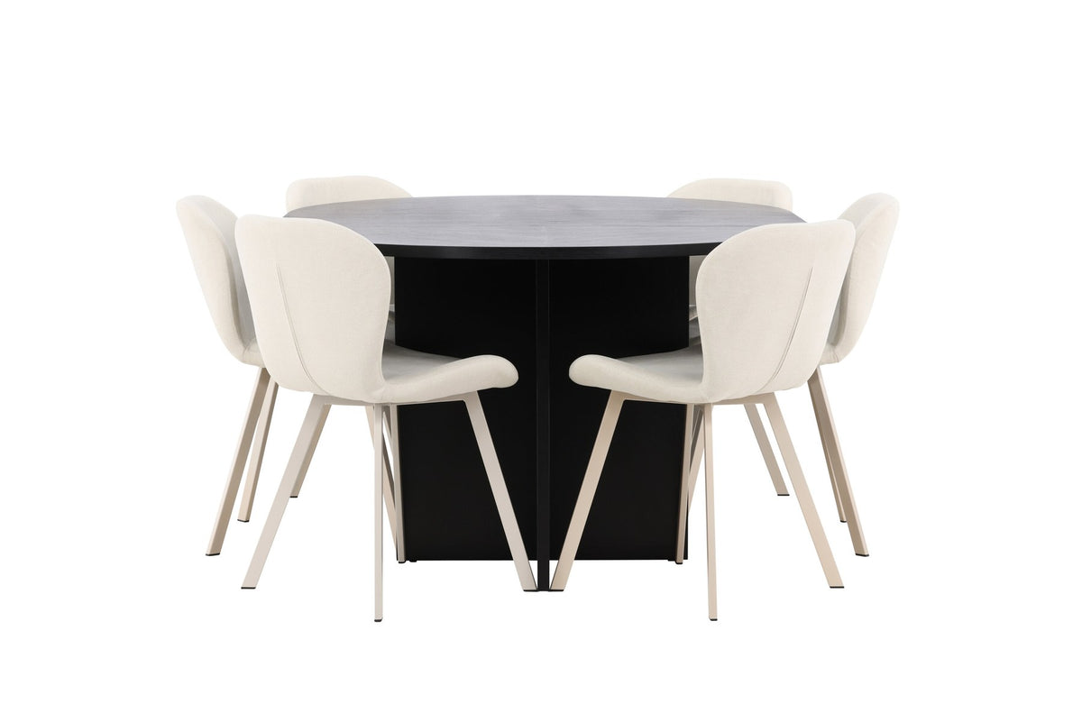 Runder Esstisch Strada aus MDF in White Wash mit sechs Lilja Stühlen, Esszimmerset von Venture Home in schlichtem Design