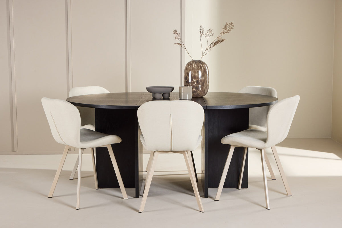 Runder Esstisch Strada aus MDF in White Wash mit sechs Lilja Stühlen, Esszimmerset von Venture Home in schlichtem Design