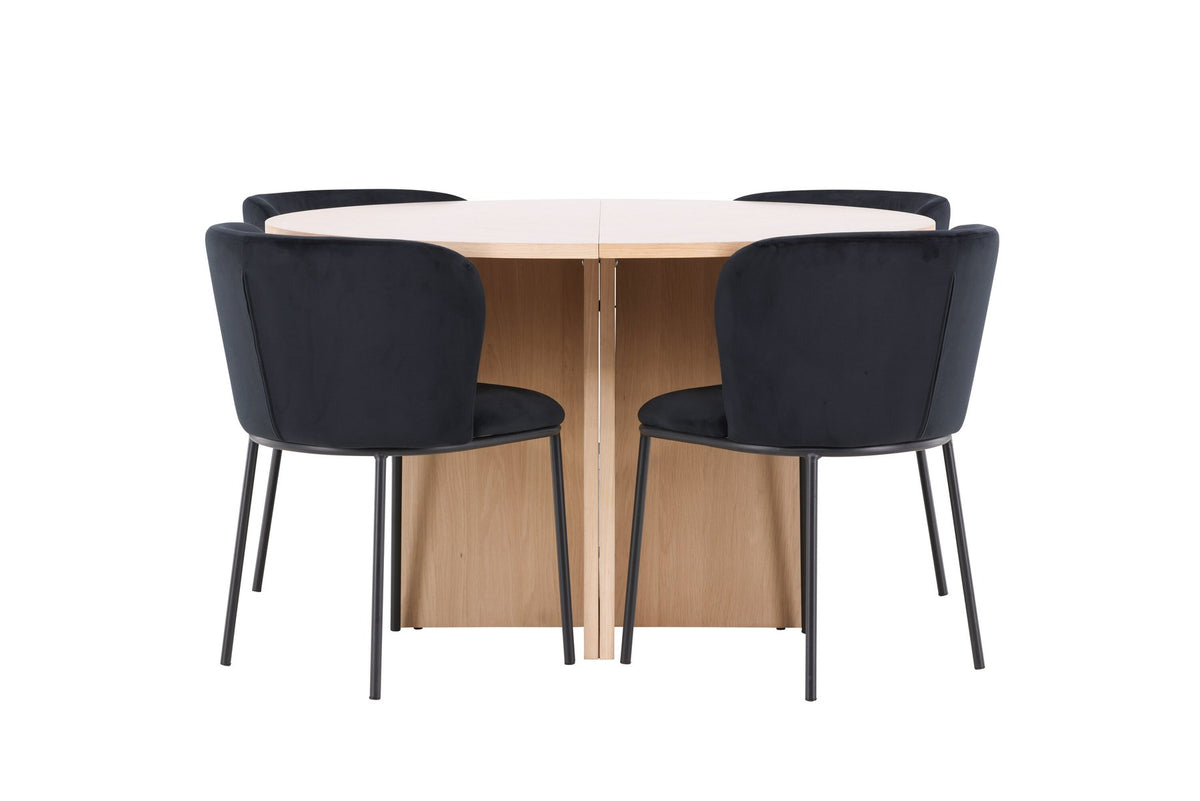 Schwarzer Esstisch Strada aus MDF mit sechs Edina Stühlen mit Samtbezug, ausziehbare Tischplatte, skandinavisches Design von Venture Home.