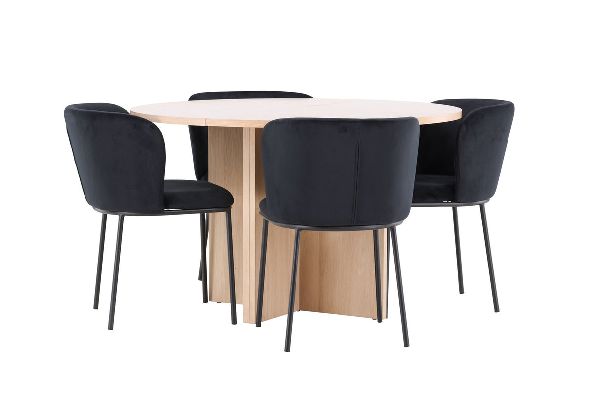 Schwarzer Esstisch Strada aus MDF mit sechs Edina Stühlen mit Samtbezug, ausziehbare Tischplatte, skandinavisches Design von Venture Home.