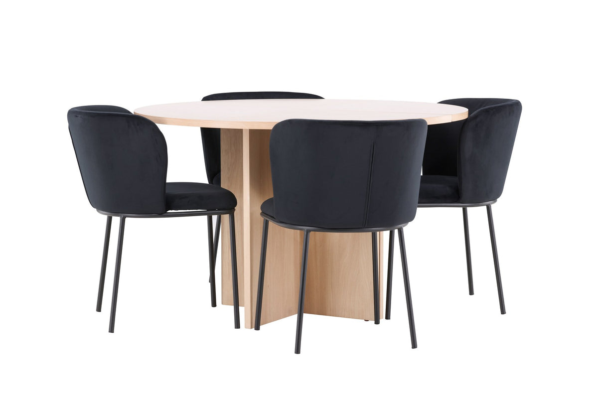 Schwarzer Esstisch Strada aus MDF mit sechs Edina Stühlen mit Samtbezug, ausziehbare Tischplatte, skandinavisches Design von Venture Home.