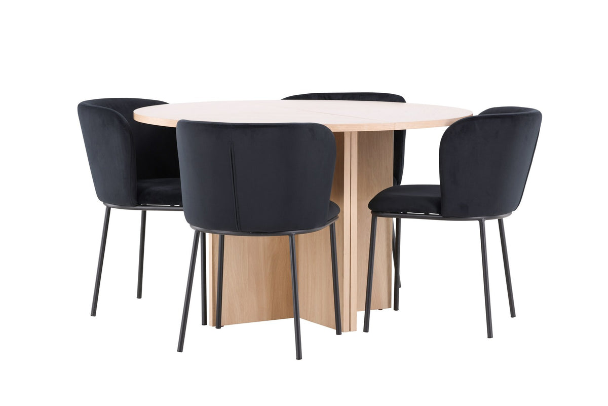 Schwarzer Esstisch Strada aus MDF mit sechs Edina Stühlen mit Samtbezug, ausziehbare Tischplatte, skandinavisches Design von Venture Home.