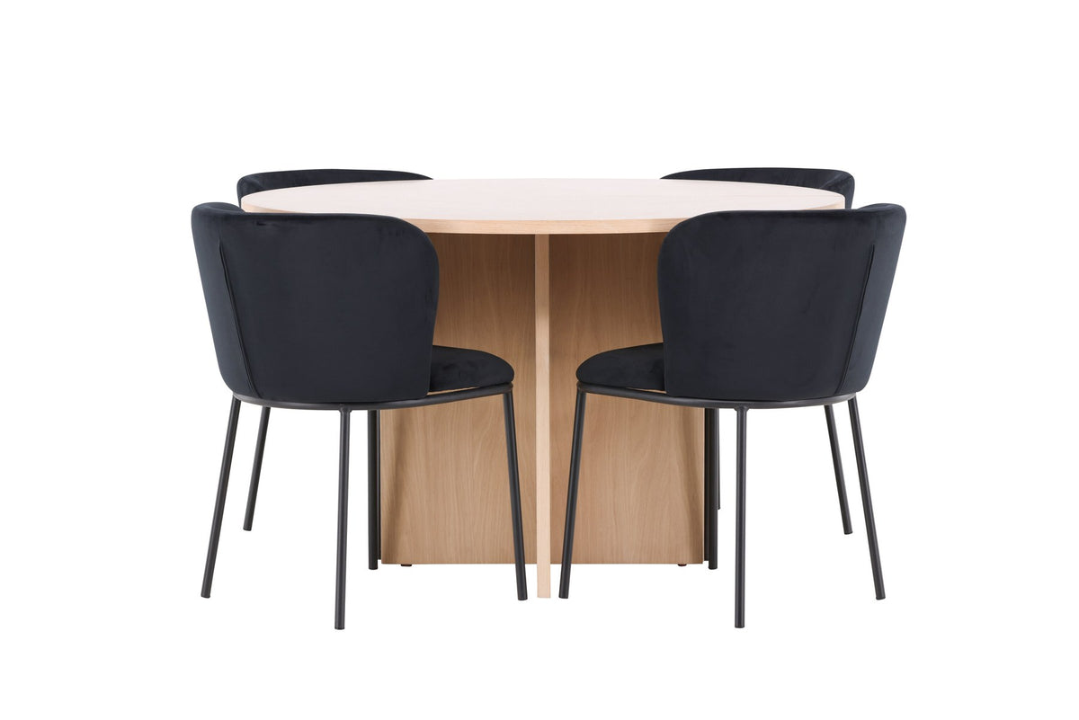 Schwarzer Esstisch Strada aus MDF mit sechs Edina Stühlen mit Samtbezug, ausziehbare Tischplatte, skandinavisches Design von Venture Home.