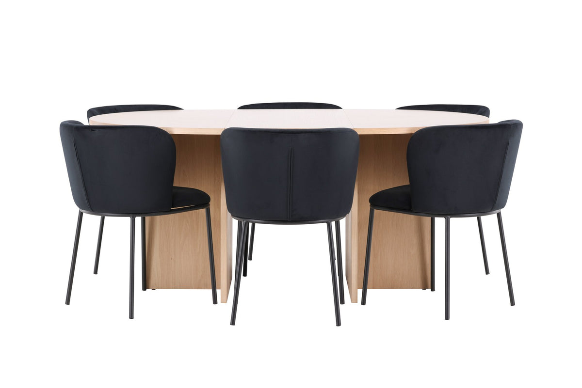 Schwarzer Esstisch Strada aus MDF mit sechs Edina Stühlen mit Samtbezug, ausziehbare Tischplatte, skandinavisches Design von Venture Home.