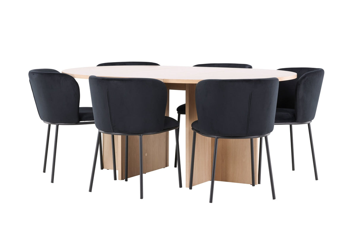 Schwarzer Esstisch Strada aus MDF mit sechs Edina Stühlen mit Samtbezug, ausziehbare Tischplatte, skandinavisches Design von Venture Home.